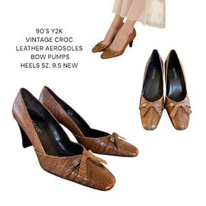 VINTAGE 90'S Y2K LEATHER CROC BOW‎ AEROSOLES PUMPES HEELS 9.5 NEW